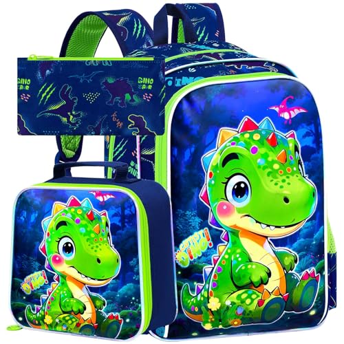 gxtvo 3PCS Boys Dinosaur Backpack Set, 16" Kids Bookbag with Lunch Box, Water Resistant Elementary Preschool Toddler School Bag - Cute Green Dino - color: Toe Dinosaur Green