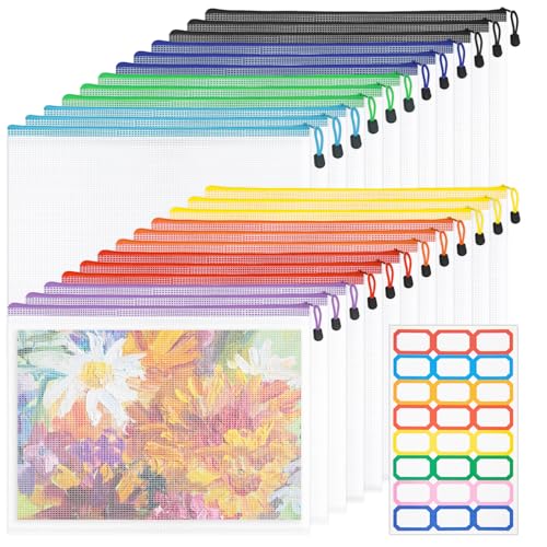 24 Pack A3 Letter Size Mesh Zipper Bag, 8 Colors - size: 16.7 x 12.7 in-24pcs+Stickers
