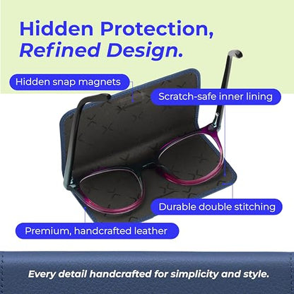Luxury Slim Leather Glasses Case | Handmade Full-Grain Leather Eyewear Wrap with Magnetic Closure & Gift Box - color: Blue