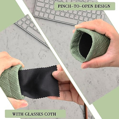 Squeeze Top Sunglass Pouch - Portable Sunglass Organizer Pouch Bags Soft PU Leather Glasses 2 Pack - color: Matcha Green-light Beige