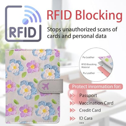Passport Holder, Cute Travel Wallet Cover with RFID Blocking, | PU leather travel wallet with magnetic closure, card slots, pen loop, and easy access for passports and essentials. - color: E-Texture