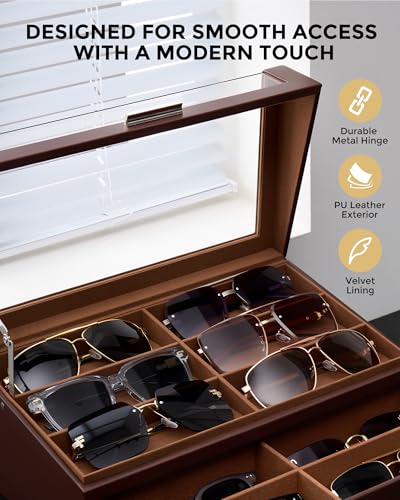 ProCase 12 Slots Sunglasses Box with L-Shaped Clear Lid -Espresso - color: Espresso, size: Medium