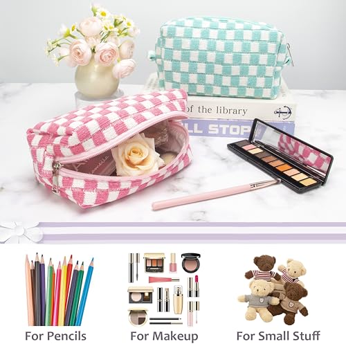 PAZIMIIK Checkered Makeup Bag for Purse, Small Travel Cosmetic Pouch,Pink - color: Pink