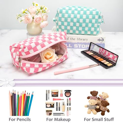 PAZIMIIK Checkered Makeup Bag for Purse, Small Travel Cosmetic Pouch,Pink - color: Pink