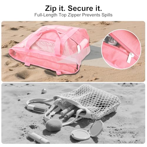 Mesh Beach Bags for Women - Plus Waterproof Sandproof Tote Bag - color: Pink With Top Zipper, size: Large