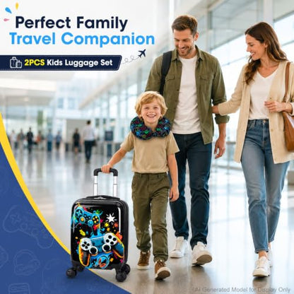 UFNDC Lightweight Hardshell Spinner Kids Suitcase Set 2PCS with Wheels - Airplane Approved Carry-On Luggage for Boys & Children Ages 3-10, Fun Game Rolling Suitcases for Elementary Toddler Travel - color: Black Fun Game Luggage 2PCS Set