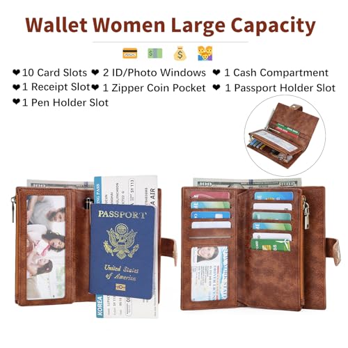GOIACII Women's Wallet RFID Blocking Leather Trifold Credit Card Holder - color: B02 White & Brown