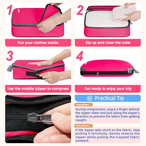 BAGAIL 4 Set/6 Set/8 Set Compression Packing Cubes Travel Accessories Expandable Packing Organizers (Cloth Pattern, 4-Fuchsia) - color: 4-Fuchsia, style: Cloth Pattern
