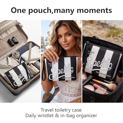 Makeup Bag with Wrist Strap, Waterproof Neoprene Cosmetic Pouch, Travel Toiletry Bag for Women, Compact for Purse - color: Black & White