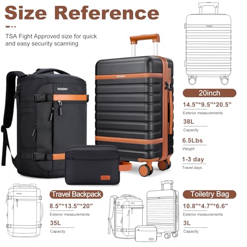 20" Carry On Luggage Set 3 Piece With Travel Backpack, YKK Zippers - color: Black, size: 3 Piece Set (20inch)