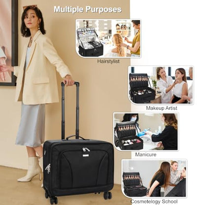 Relavel Rolling Makeup Case, Extra Large Travel Train Case with 360° Spinner Wheels, 3 Layer with Insulation Compartment & Four Clear Storage Bags, Professional Makeup Artist Bag Set, Black - color: Black with 4 Small Bags, size: Extra Large