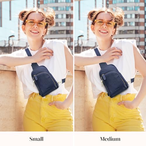 S-ZONE Genuine Leather RFID Blocking Small Sling Bag Women Crossbody Fanny Packs - color: Blue, size: Medium