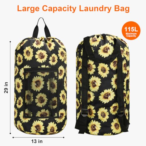 Laundry Backpack Portable Travel Laundry Bags with Straps and Mesh Pocket - color: Sunflower, size: 2 Pack
