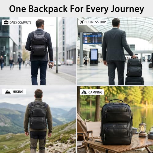 LANNSYNE Nappa Leather Backpack for Men, 16" Laptop Work Travel Bag, Black - color: Black