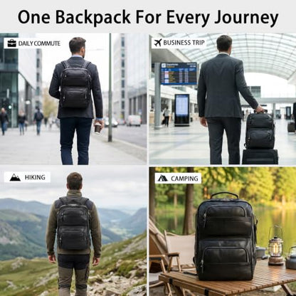 LANNSYNE Nappa Leather Backpack for Men, 16" Laptop Work Travel Bag, Black - color: Black