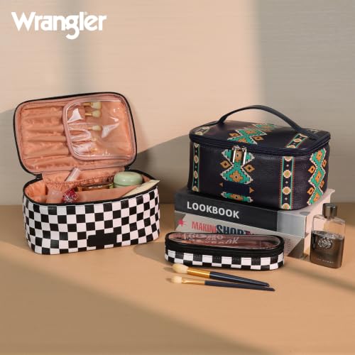 Wrangler Travel Makeup Bag 2pcs Set Cosmetic Bag with Makeup Brush Holder - color: Checkered-Black
