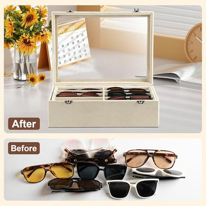 Frebeauty 16-Slot Sunglass Organizer Box,2 Layer Velvet Sunglasses Holder - color: Beige