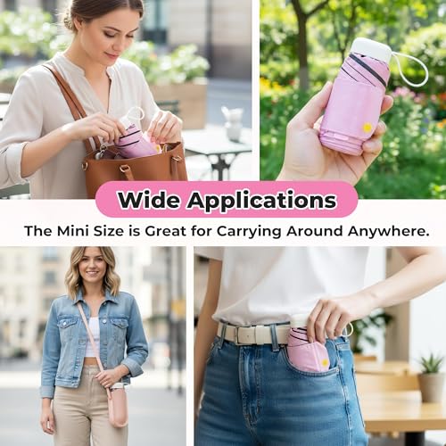 Mini Travel Folding Umbrella - Small Compact Sun Retractable Umbrella with Case, Lightweight Portable UPF 50+ Rain UV Protection Windproof Parasol for Pocket Backpack Women Girls Lady - color: Pink