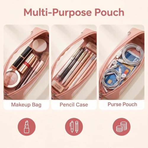 9" Clear Makeup Brush Bag, Small Pink Pencil Case, Slim Purse Pouch - color: Pink