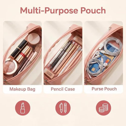 9" Clear Makeup Brush Bag, Small Pink Pencil Case, Slim Purse Pouch - color: Pink