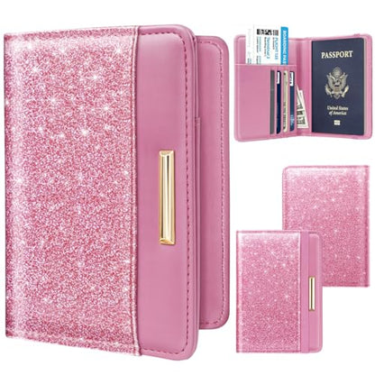 Coco Rossi Passport Holder for Travel Women Slim RFID Passport Cover Wallet - color: Glitter Dark Pink