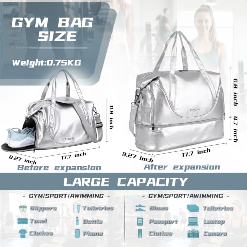 Gym Bag for Women Men, Expandable Travel Duffel Bag with Shoe Compartment - color: Silver