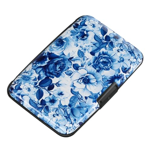 ELFISH RFID Aluminum Wallet Credit Card Protector Case Holder for Men Women - color: Blue and White Peony
