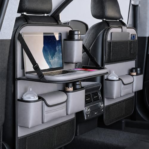 2 Pack Leather Car Seat Back Organizer with Foldable Tray Table, Backseat Car Organizer with Tablet Pocket, Cup Holders, Tissue Pocket, Mesh Pockets, Kick Mat Gray - color: Gray