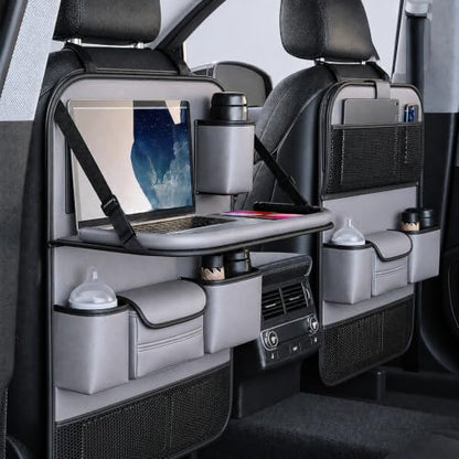 2 Pack Leather Car Seat Back Organizer with Foldable Tray Table, Backseat Car Organizer with Tablet Pocket, Cup Holders, Tissue Pocket, Mesh Pockets, Kick Mat Gray - color: Gray