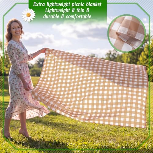 HunnmingRe Gingham Pocket Picnic Blanket Lightweight Portable, Khaki - color: Khaki, style: Gingham