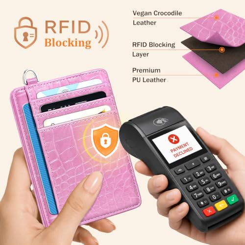 Coco Rossi Crocodile Wallet Women Slim Credit Card Holder with Keychain - color: A Peach Pink Croc
