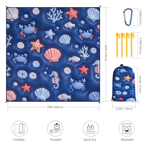 WIWIGO Beach Blanket Mat Waterproof Sandproof for 2-8 Adults Quick Drying - color: 3d - Ocean Deep Blue, size: 79" X 83"（1-4person）