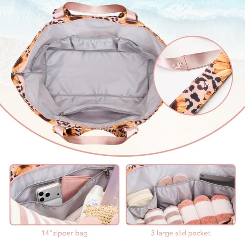 KALIDI 60L Extra Large Beach Tote Oversized Bag Zipper Utility Weekender - color: Sunflower Leopard