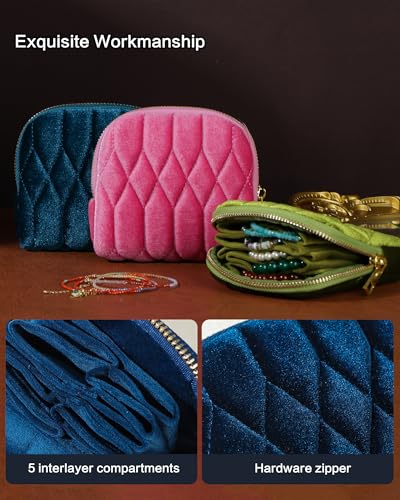 Small Travel Jewelry Case, Velvet Pouch with Zipper, Teal Blue - color: TealBlue