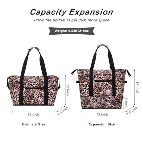 Expandable Duffel Bag for Women with Trolley Sleeve/Wet Pocket Weekender Travel Tote Large Carry On Overnight Luggage - color: Leopard
