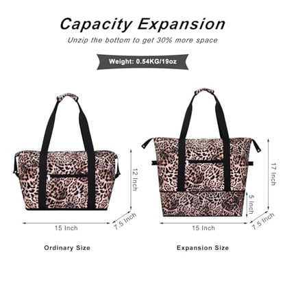 Expandable Duffel Bag for Women with Trolley Sleeve/Wet Pocket Weekender Travel Tote Large Carry On Overnight Luggage - color: Leopard