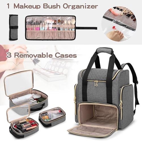 LUXJA Makeup Bag Backpack with 3 Removable Cases and 1 Makeup Brush Bag - color: Gray