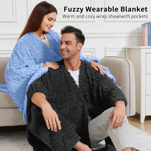 Wearable Blanket Poncho Cape Wrap for Adult, Cozy Sherpa Fleece Pocketed Shawl TV Throw Blankets for Office and Lounge,Light Blue - color: Light Blue