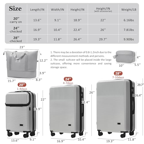 Merax Luggage Sets 5 Piece with Half-opening Hardside Suitcase Set - color: Silver, style: Luggage Set With Top Open 20