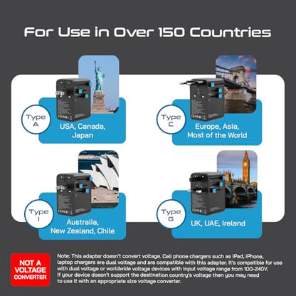 Ceptics Universal Travel Adapter, GAN 140W, 4 USB Ports & 2 Input sockets - color: Black/Blue