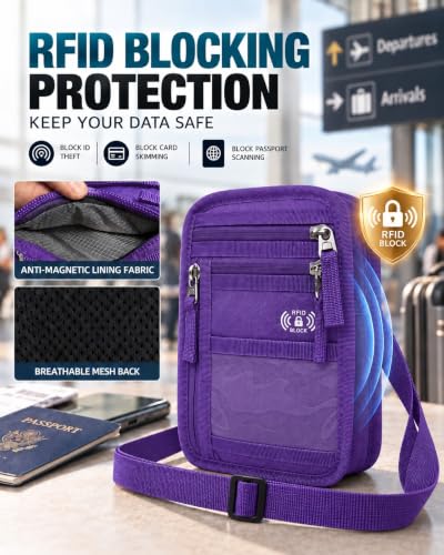 Passport Holder for Travel, RFID Blocking Neck Wallet, 9 Pockets - color: Purple