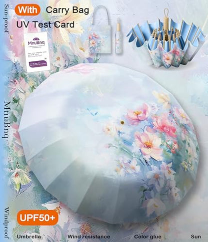 Sun Umbrella UV Protection Cute Windproof Walking Parasol for Women - color: Blue-Outer-Floral