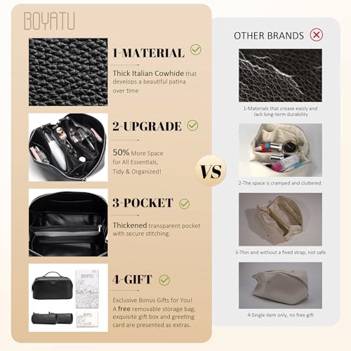 BOYATU Genuine Leather Travel Makeup Bag: Hand-made 3 Pcs Set Cosmetic Bags - color: 02Obsidian