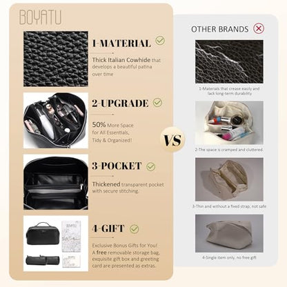BOYATU Genuine Leather Travel Makeup Bag: Hand-made 3 Pcs Set Cosmetic Bags - color: 02Obsidian