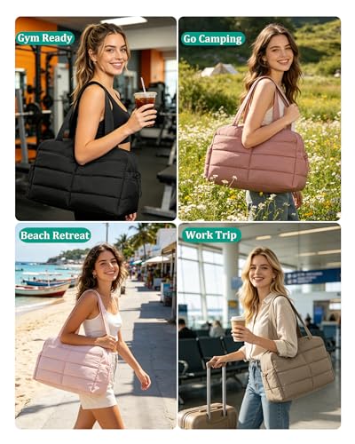 BAGSMART Gym Bag for Women, 2-PC Puffer Travel Duffle Bag Carry On Tote Bag - color: Coffee Brown