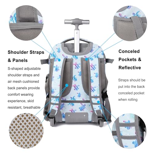 Tilami Rolling Backpack, 18 inch Shoulder Drop, Concealed Pockets and Wheel Cover, Laptop Backpack for Boys and Girls, Turtle Blue - color: Turtle Blue