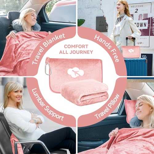 Travel Blanket and Pillow Compact, Premium Soft 2 in 1 Airplane Blanket with Soft Bag Pillowcase，Hand Luggage Sleeve and Backpack Clip (Solid Pink) - color: Pink