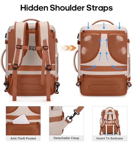 Bagsure Travel Carry On Backpack,42L Flight Approved,Expandable Backpack - color: Beige-brown (Backpack With 4 Packing Cubes)