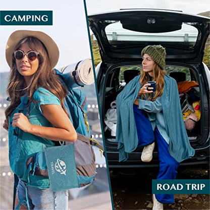 PAVILIA Travel Blanket Airplane Compact Pillow with Bag for Flights, Teal - color: Teal Blue