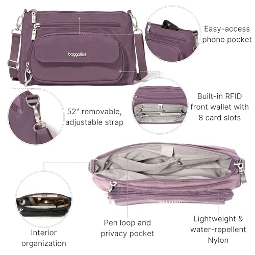 Baggallini Original Everyday 11x7.5 Crossbody Bags Rfid Protected Lightweight Nylon Zippered Travel Purse - color: Misty Purple, style: Slim Strap